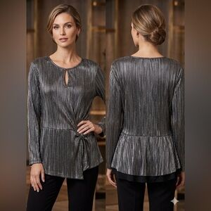Adrienne Vittadini Metallic Long-Sleeve Pleated Blouse